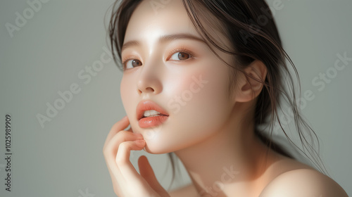 A beautiful Asian woman with glossy skin gently touches the side of her face. looking at the camera. 