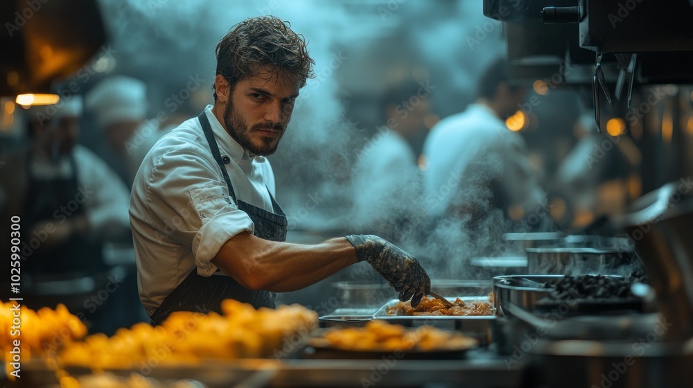 A man in a white apron is cooking food in a restaurant kitchen A man in a white apron is cooking food in a restaurant kitchen
