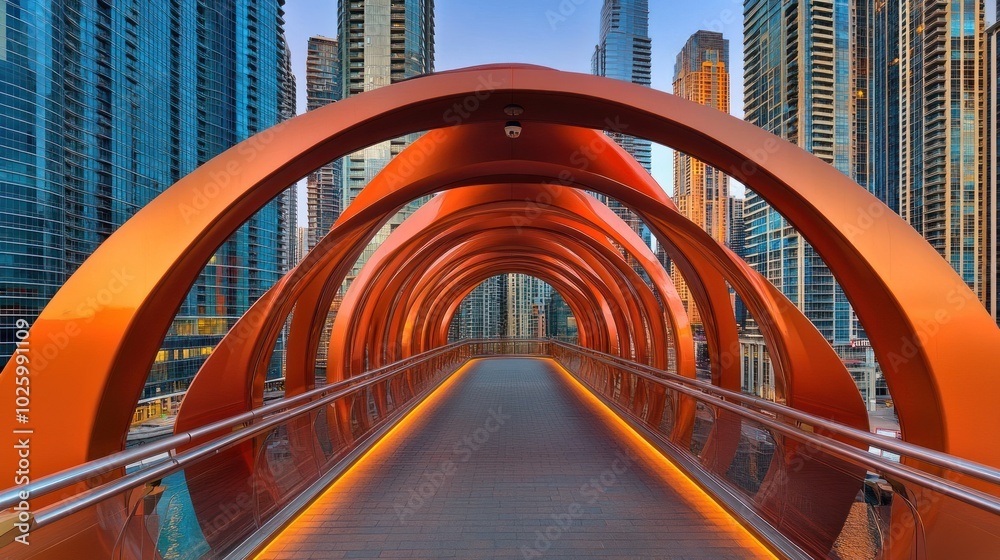 Modern Orange Arch Bridge in a Cityscape Modern Orange Arch Bridge in a Cityscape