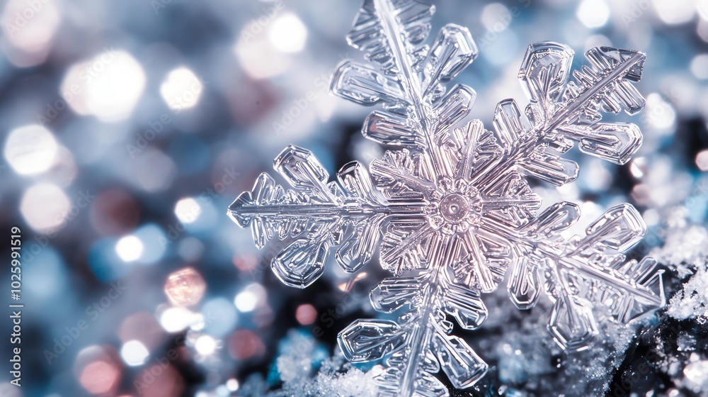 Macro shot of a snowflake at a tilted angle, showcasing its unique patterns and crystalline beauty, captivating the viewers attention Macro shot of a snowflake at a tilted angle, showcasing its unique patterns and crystalline beauty, captivating the viewers attention