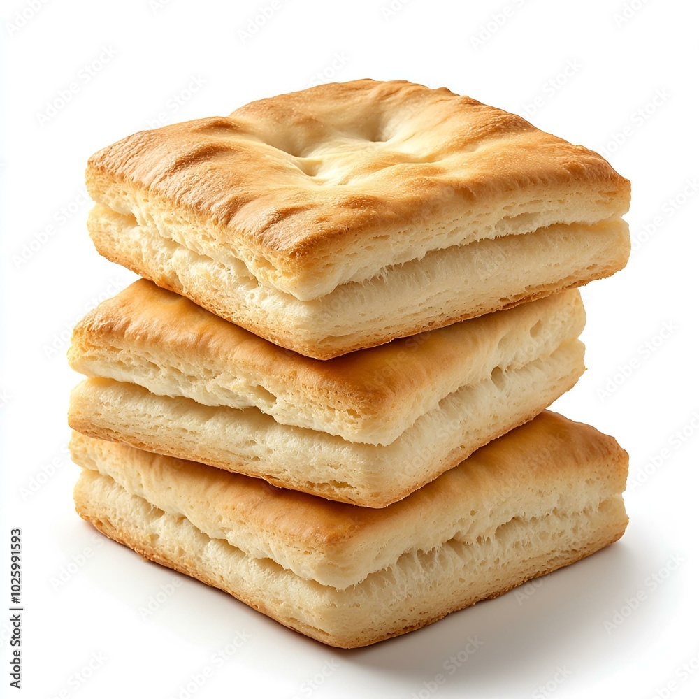 Stack of flaky square biscuits on white background. Stack of flaky square biscuits on white background.