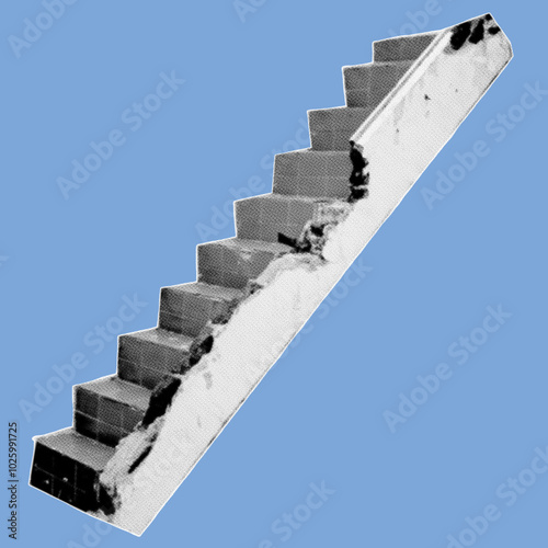 abandoned ruins stairs pixelate grayscale color halftone dotted texture style collage element isolated on blue background