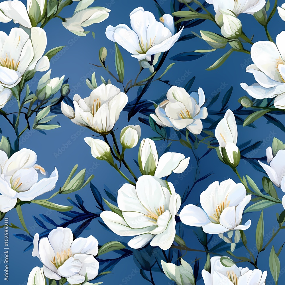 Elegant white flowers with green leaves on a deep blue backdrop for a sophisticated look. Elegant white flowers with green leaves on a deep blue backdrop for a sophisticated look.