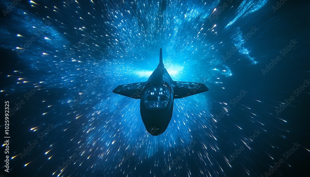 Fototapeta premium Rear view of advanced submersible gliding through bioluminescent waters, macro photography reveals surreal aquatic life