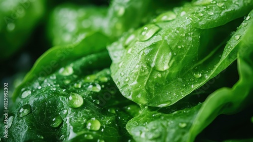 The image features bright green lettuce leaves with water droplets glistening on their edges, capturing the essence of freshness and the vitality of natural produce.