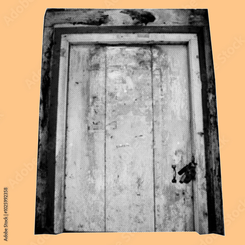 closed wooden door with padlock pixelate grayscale color halftone dotted texture style collage element isolated on orange background