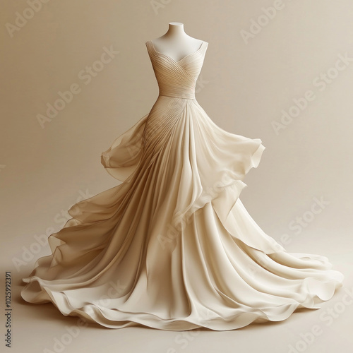 A wedding dress: long train, flowing skirt. photo