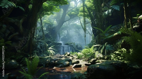 Tropical jungles of Southeast Asia with green wild plants. Neural network ai generated art