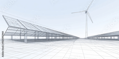 A 3D wireframe concept of a solar and wind farm.