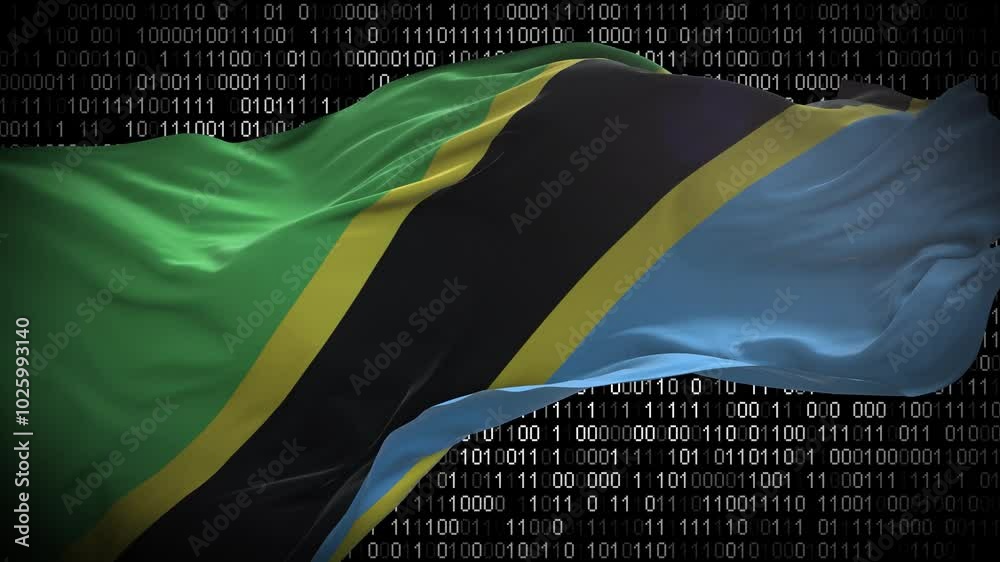 Binary code on flag of Tanzania. Program source code or Hacker concept on Tanzanian flag. Tanzania digital technology security, hacking or programming