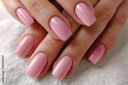 A close-up of well-manicured hands showcasing glossy pink nails on a soft surface.