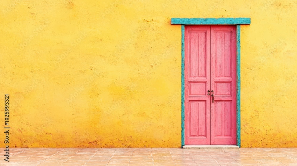 Fototapeta premium Vibrant Pink Door on Bright Yellow Wall