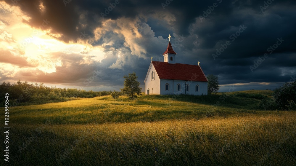 A peaceful white church on a hill, surrounded by lush green fields under a dramatic sky. Nature and serenity blend beautifully here. A peaceful white church on a hill, surrounded by lush green fields under a dramatic sky. Nature and serenity blend beautifully here.