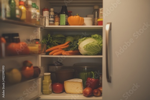 The image shows an open refrigerator in a clean kitchen with fresh fruits and vegetables neatly arranged on the shelves The fridge is white and spacious, highlighting a healthy and organized interior