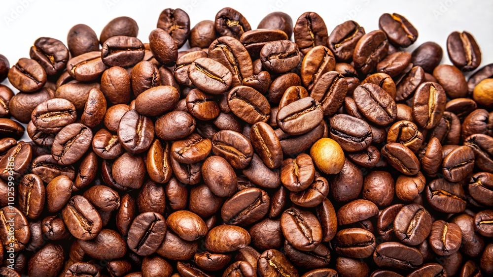 Obraz premium Roasted Coffee Beans on White Background – High-Quality Panoramic Photography for Coffee Lovers and Enthusiasts