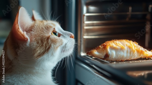 A ginger cat gazes longingly at a freshly baked golden fish inside the oven, illustrating its natural attraction and temptation to delicious aromas. photo