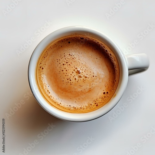 Top view of frothy coffee in white mug.