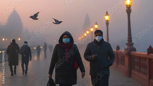 Indian people walking on the streets of delhi wearing mask.	
