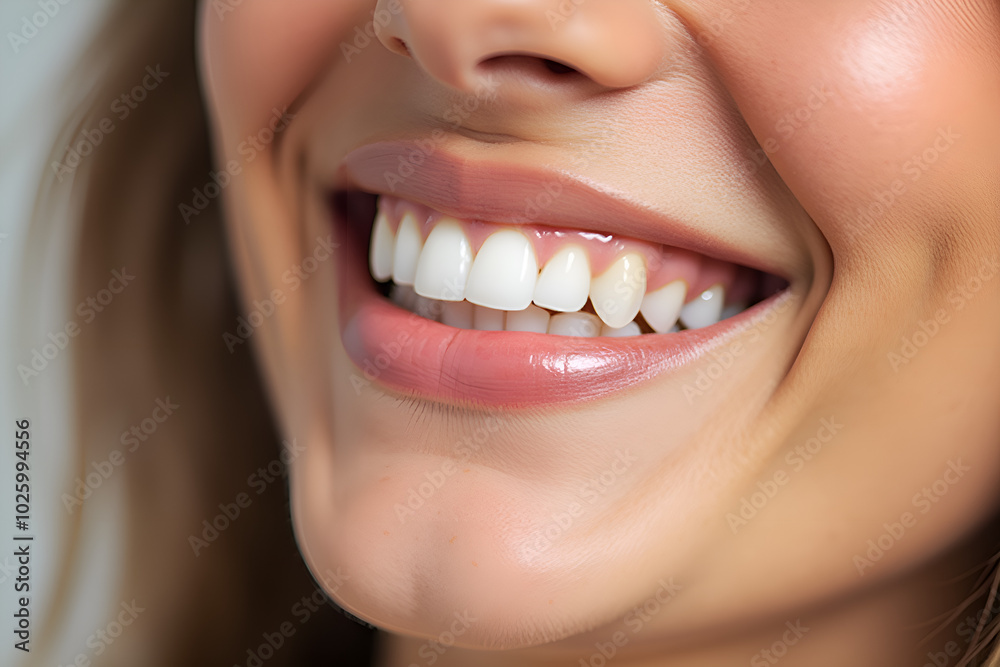 Close-up of a woman's smile showing white teeth and glossy lips Close-up of a woman's smile showing white teeth and glossy lips