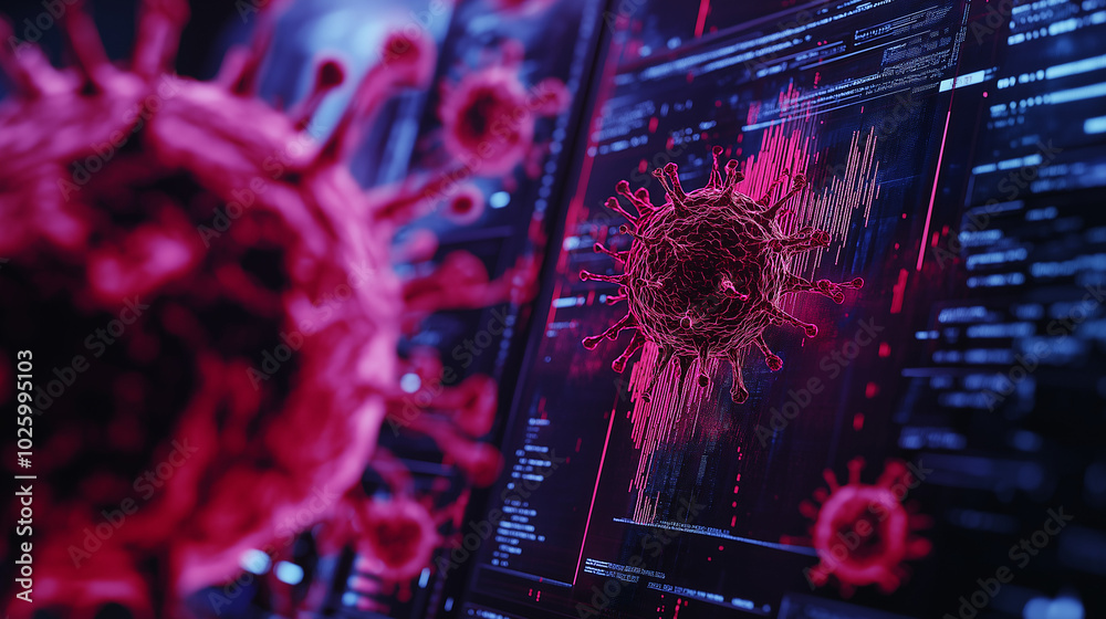 A close-up of a computer screen infected by a digital virus, with ...