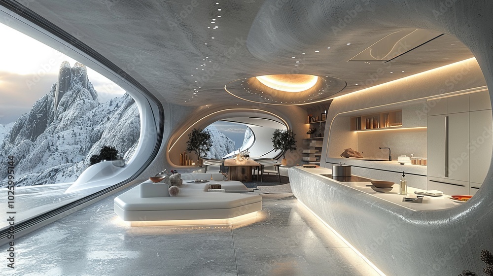 A VR interior design showing a futuristic kitchen