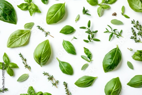 Fresh green herbs are beautifully arranged on a white background. This image showcases various types of leaves. Perfect for food lovers and cooking. Generative AI