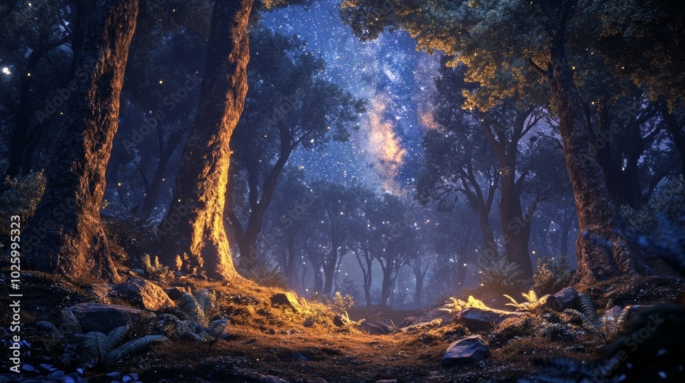 Enchanting Forest at Night with Twinkling Stars and Mysterious Glow Enchanting Forest at Night with Twinkling Stars and Mysterious Glow