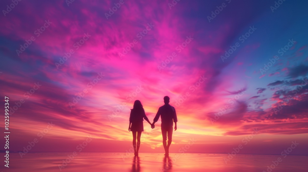 A couple holds hands against a vibrant sunset, creating a romantic silhouette against colorful skies.
