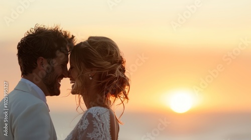 Obraz na płótnie A romantic couple shares a tender moment at sunset, silhouetted against the vibrant sky, celebrating their love on a beach. w salonie