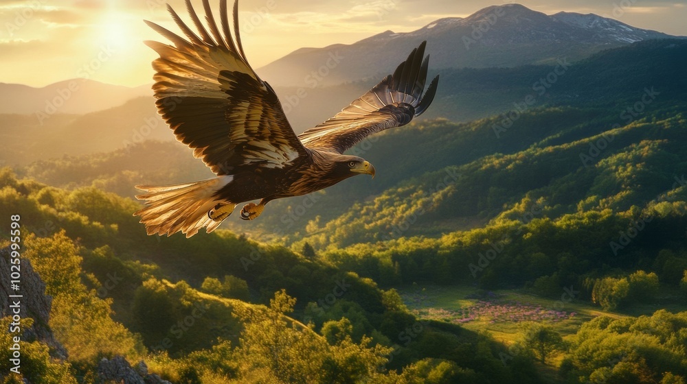 Obraz premium Majestic Eagle Soaring Over Lush Green Mountains at Sunrise