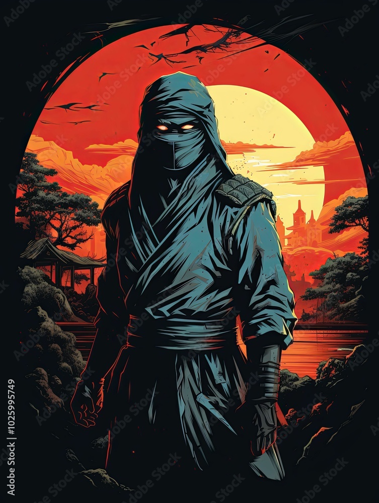 A Masked Figure Stands Before a Blood-Red Sunset A Masked Figure Stands Before a Blood-Red Sunset