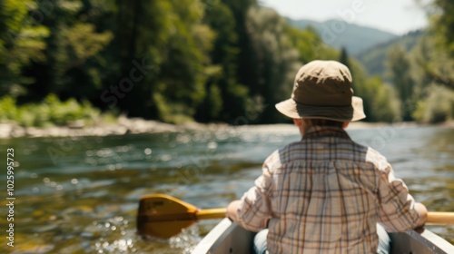 A child paddles a canoe in a serene river surrounded by lush greenery and mountains, enjoying a peaceful outdoor adventure.