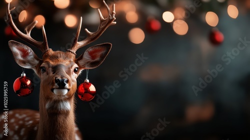 A delightful deer stands gracefully with glowing red ornaments hanging from its antlers, set against bokeh lights, capturing a whimsical festive spirit. photo