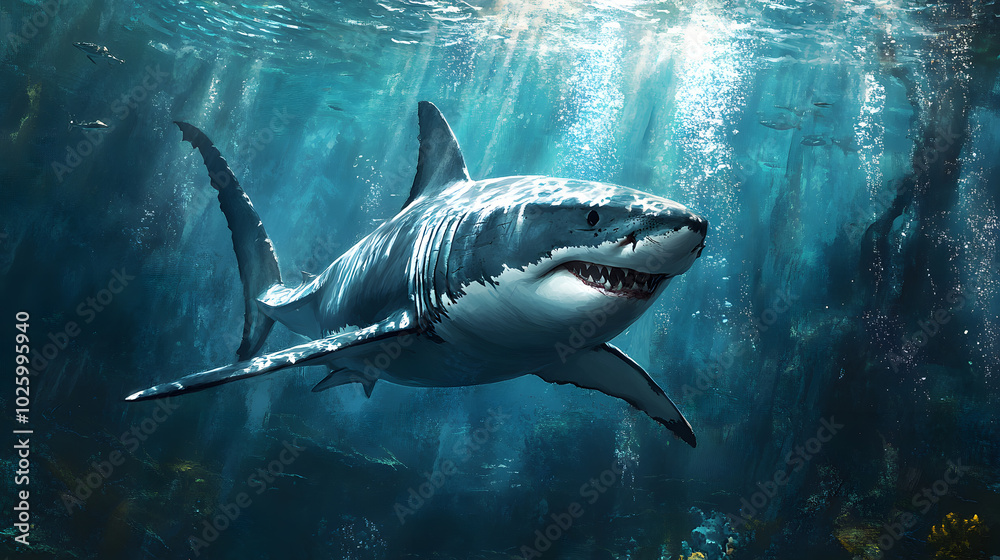 Obraz premium A shark is swimming in the ocean with its mouth open