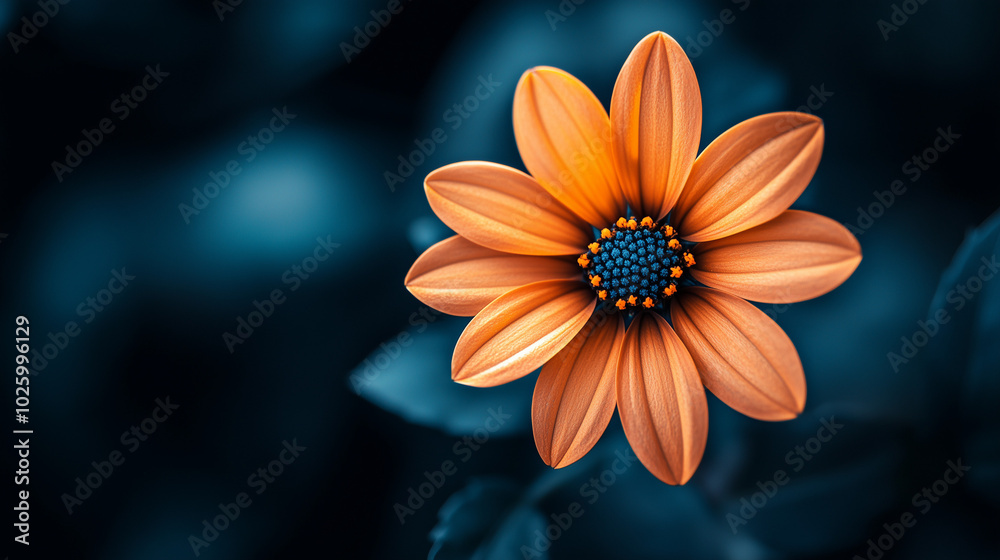 Orange Flower Close-Up With Blue Center and Dark Leaves Orange Flower Close-Up With Blue Center and Dark Leaves