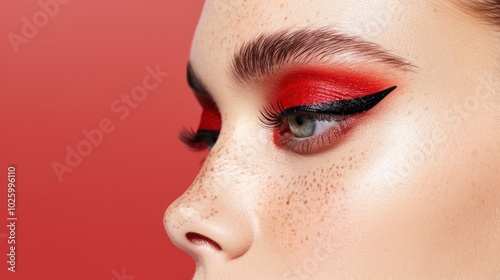 A close-up of an eye featuring striking red eyeshadow, dramatic winged eyeliner, and highlighted skin, set against a soft gradient background.