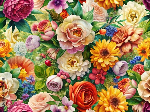 Seamless Floral Pattern Bouquet for Fabric Design and Wallpaper - Vibrant Long Exposure Art