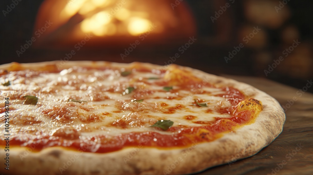 Freshly baked pizza with melted cheese and herbs on a wooden surface with an oven in the background