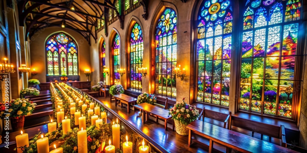 Obraz premium Serene Bokeh Effect of Stained Glass in a Roman Catholic Church