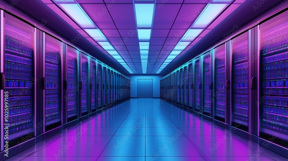 Neon-Lit Server Room with Rows of Data Racks Neon-Lit Server Room with Rows of Data Racks