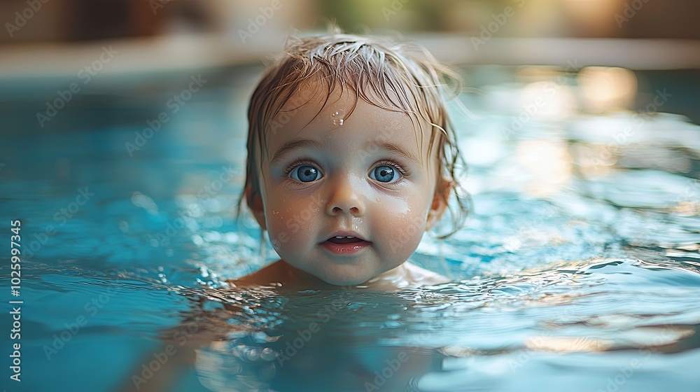 Toddler Learning to Swim in a Shallow Pool Toddler Learning to Swim in a Shallow Pool