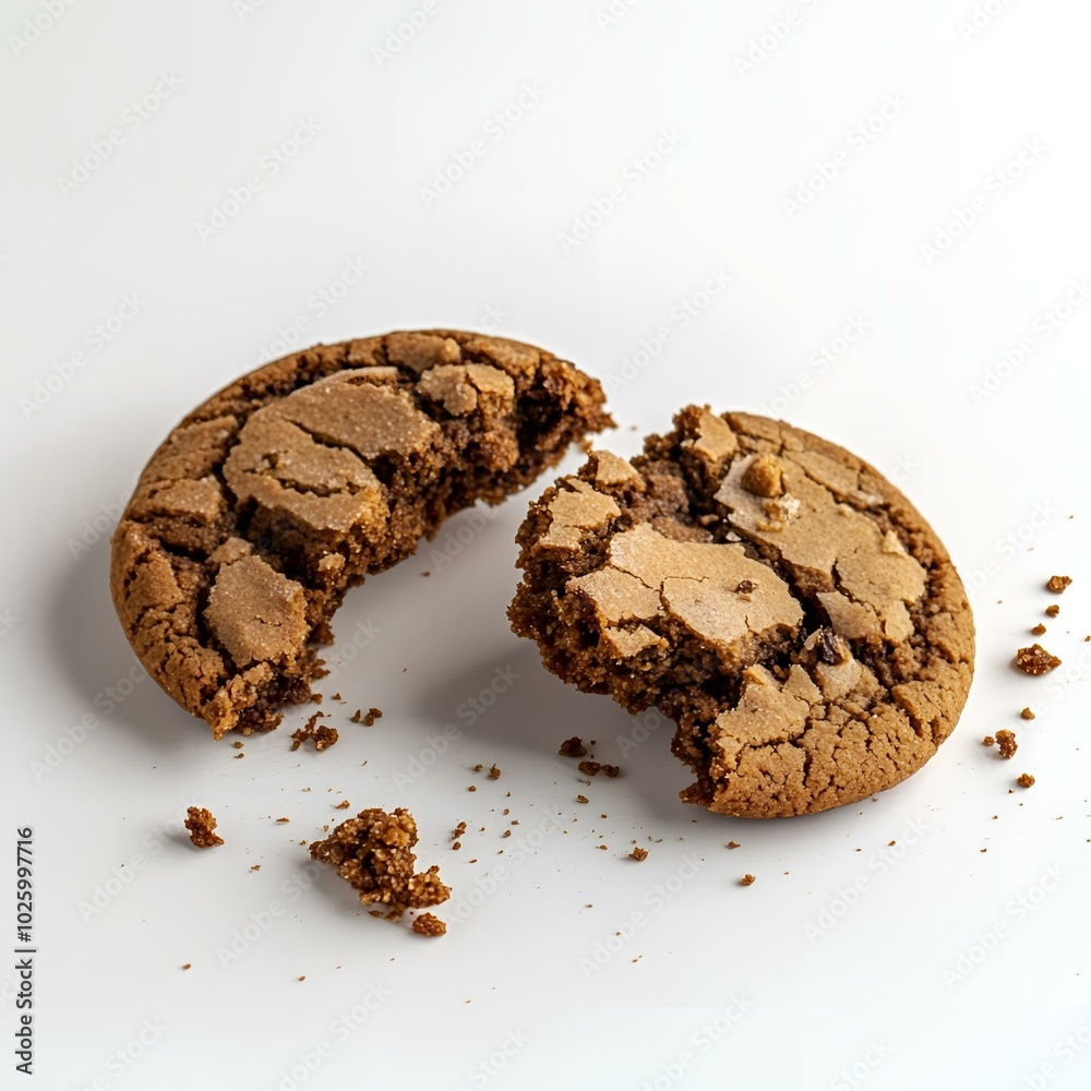 Broken chocolate cookie with crumbs on white background. Broken chocolate cookie with crumbs on white background.