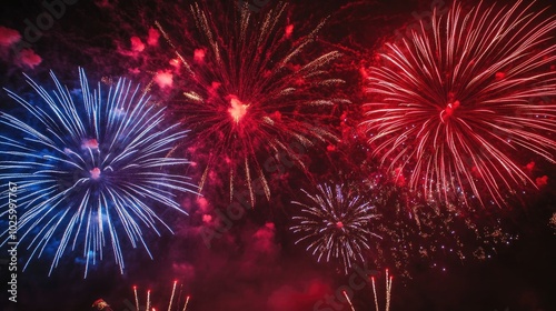 Colorful red and blue fireworks illuminate the dark sky, creating a dynamic display of celebration and excitement,