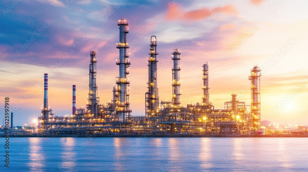 Illuminated Refinery at Sunset with Water Reflections Illuminated Refinery at Sunset with Water Reflections