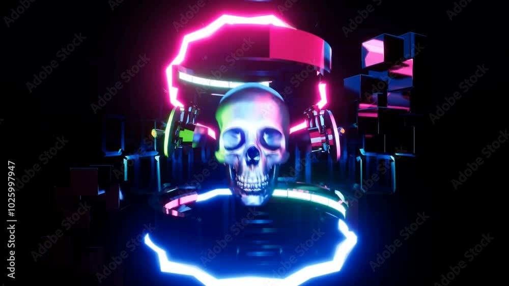3d A haunting skull rotates against a vibrant dynamic VJ loop background, perfect for spooky futuristic or psychedelic visuals in music videos parties or artistic projects 3d A haunting skull rotates against a vibrant dynamic VJ loop background, perfect for spooky futuristic or psychedelic visuals in music videos parties or artistic projects