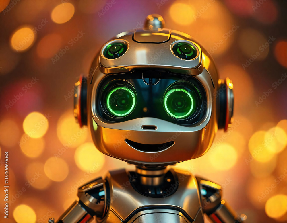 A close-up view of a cute robot with large expressive eyes and a friendly expression, cute robot outdoor image