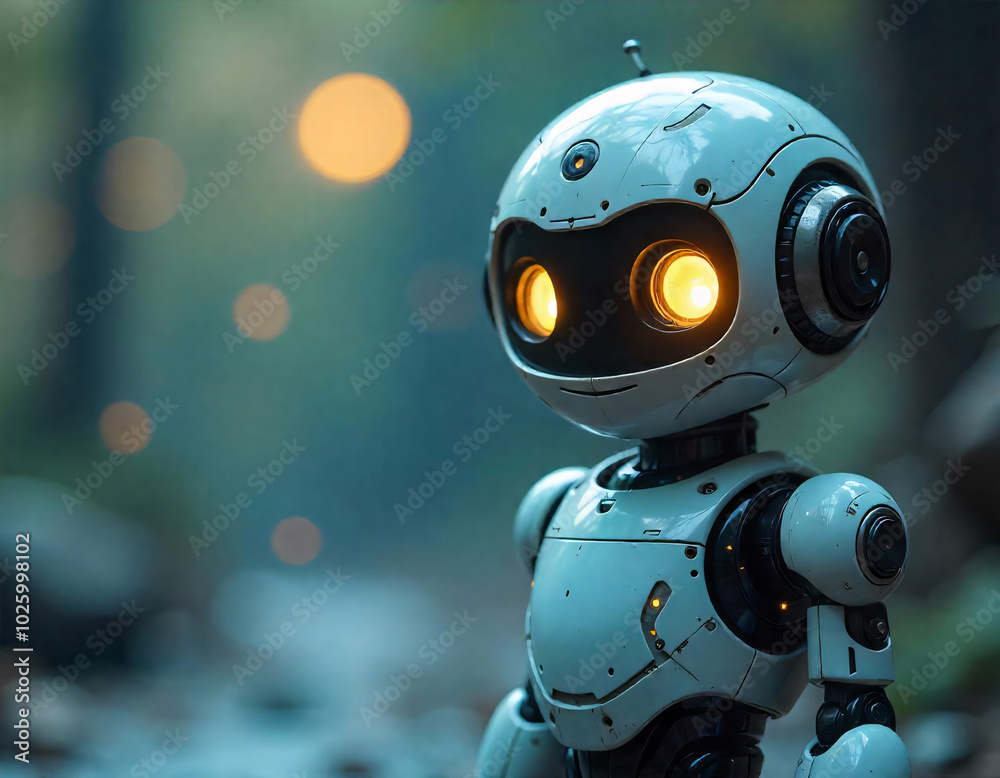 A close-up view of a cute robot with large expressive eyes and a friendly expression, cute robot outdoor image A close-up view of a cute robot with large expressive eyes and a friendly expression, cute robot outdoor image