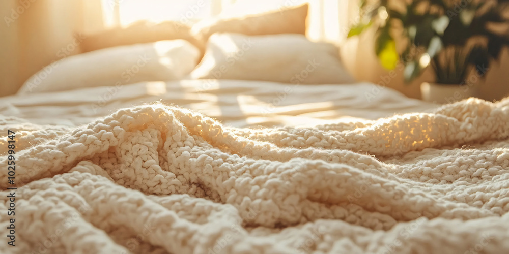 Close-up of a white knitted blanket on a bed with pillows. Close-up of a white knitted blanket on a bed with pillows.