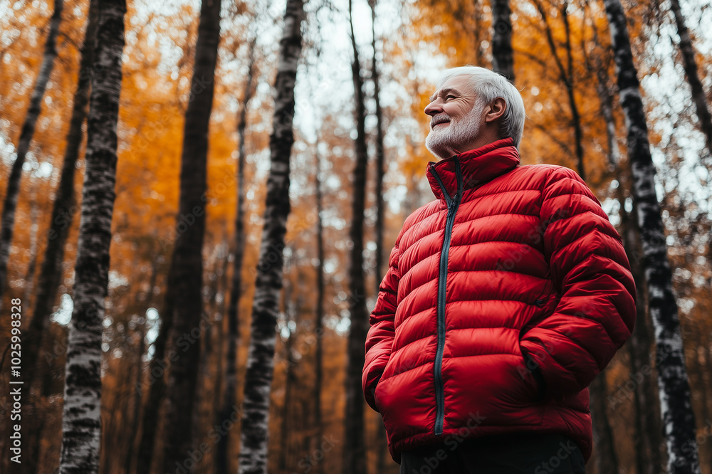 Senior man wearing red down jacket enjoying nature in autumn forest Senior man wearing red down jacket enjoying nature in autumn forest