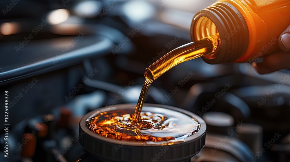 Detailed view of engine oil being poured into a car, with a close-up on the hand and oil bottle, emphasizing proper vehicle maintenance. Detailed view of engine oil being poured into a car, with a close-up on the hand and oil bottle, emphasizing proper vehicle maintenance.